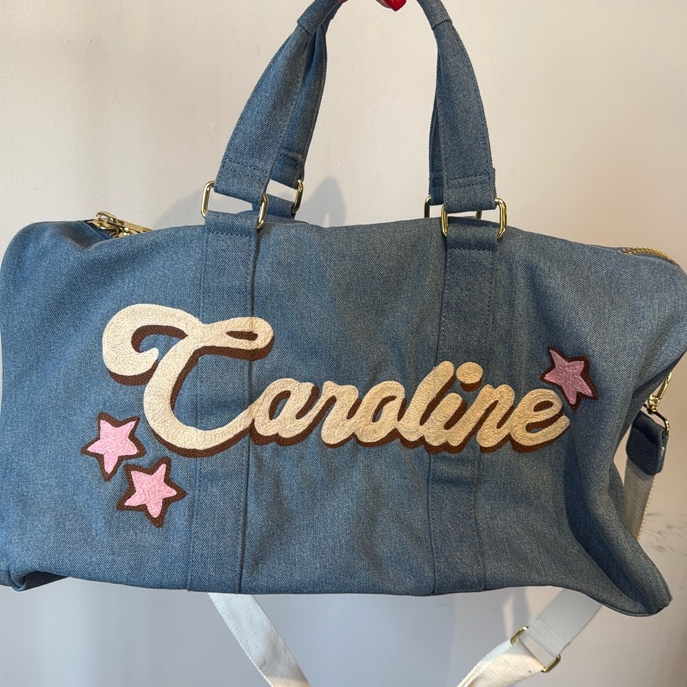 Stoney clover lane denim duffle bag with custom embroidery